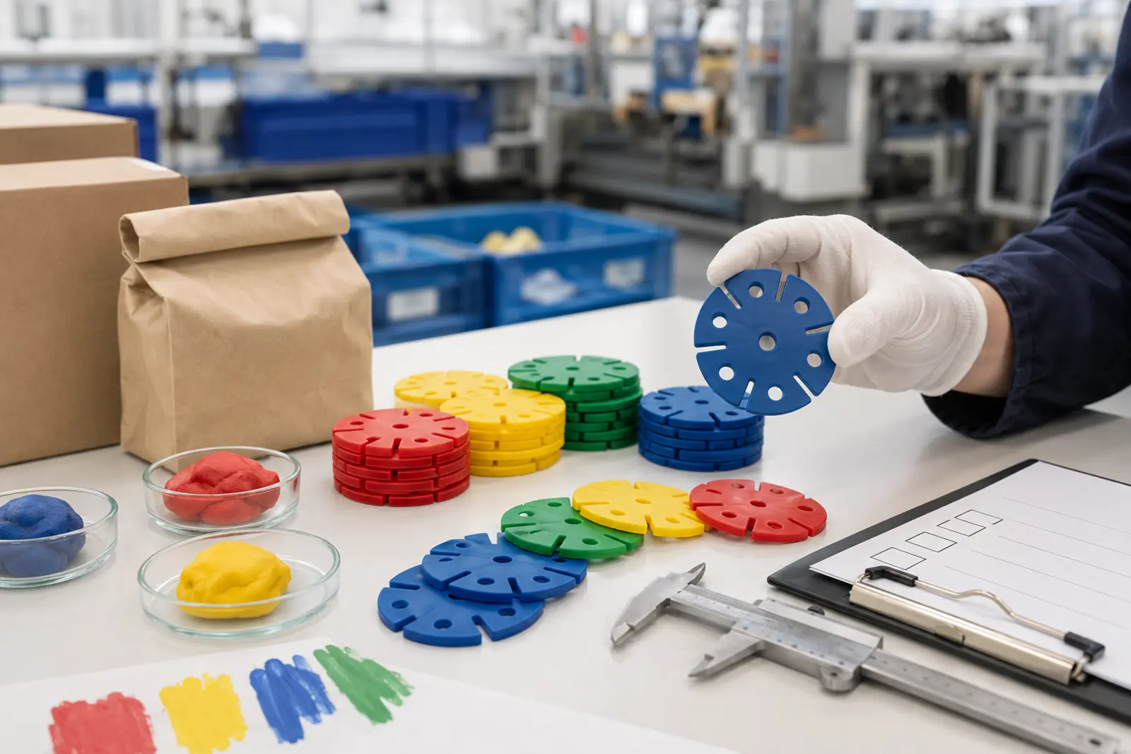 Qualitätskontrolle von Materialien und Steckspielen in der Produktion