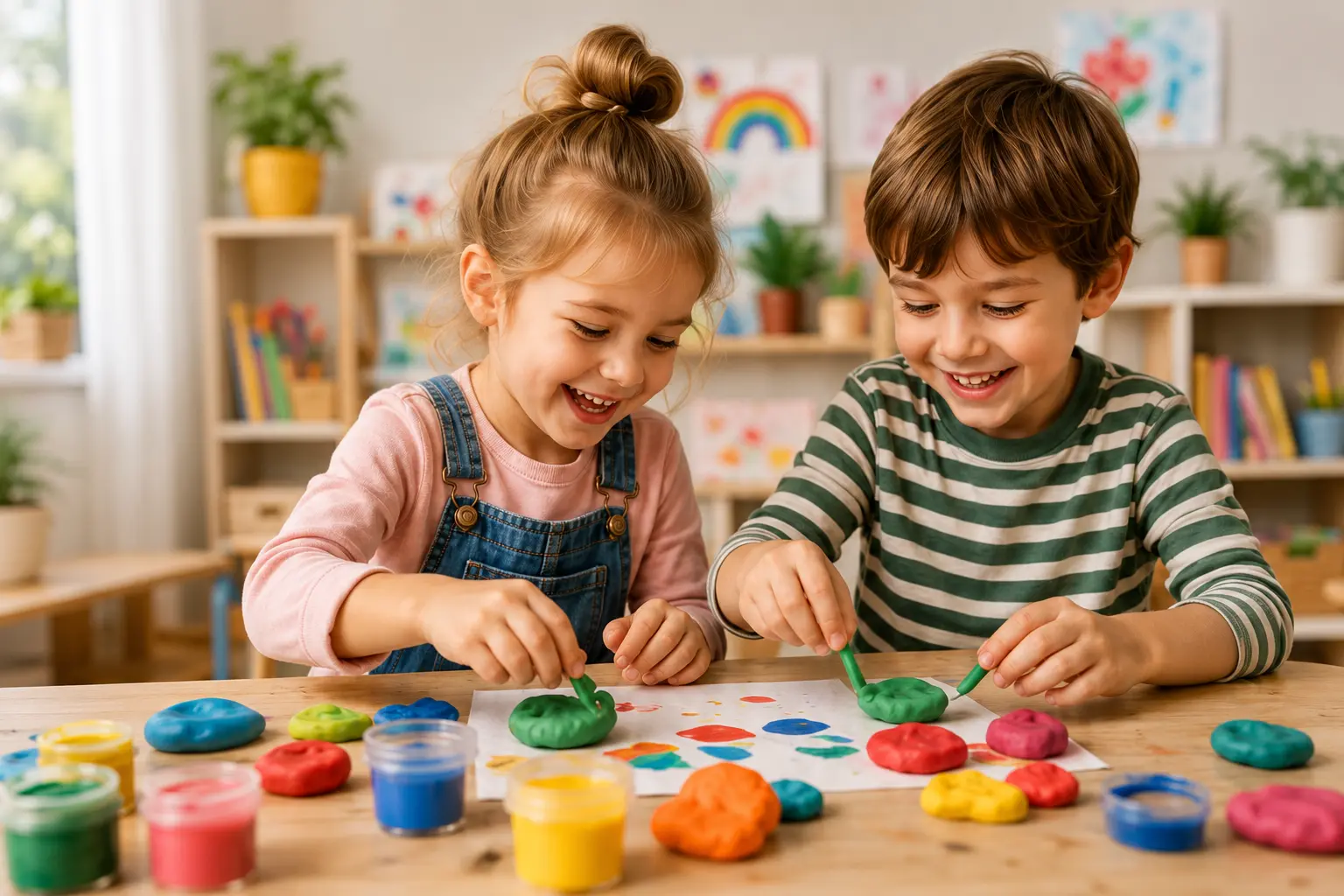 Zwei Kinder gestalten gemeinsam mit Knete und Fingerfarben